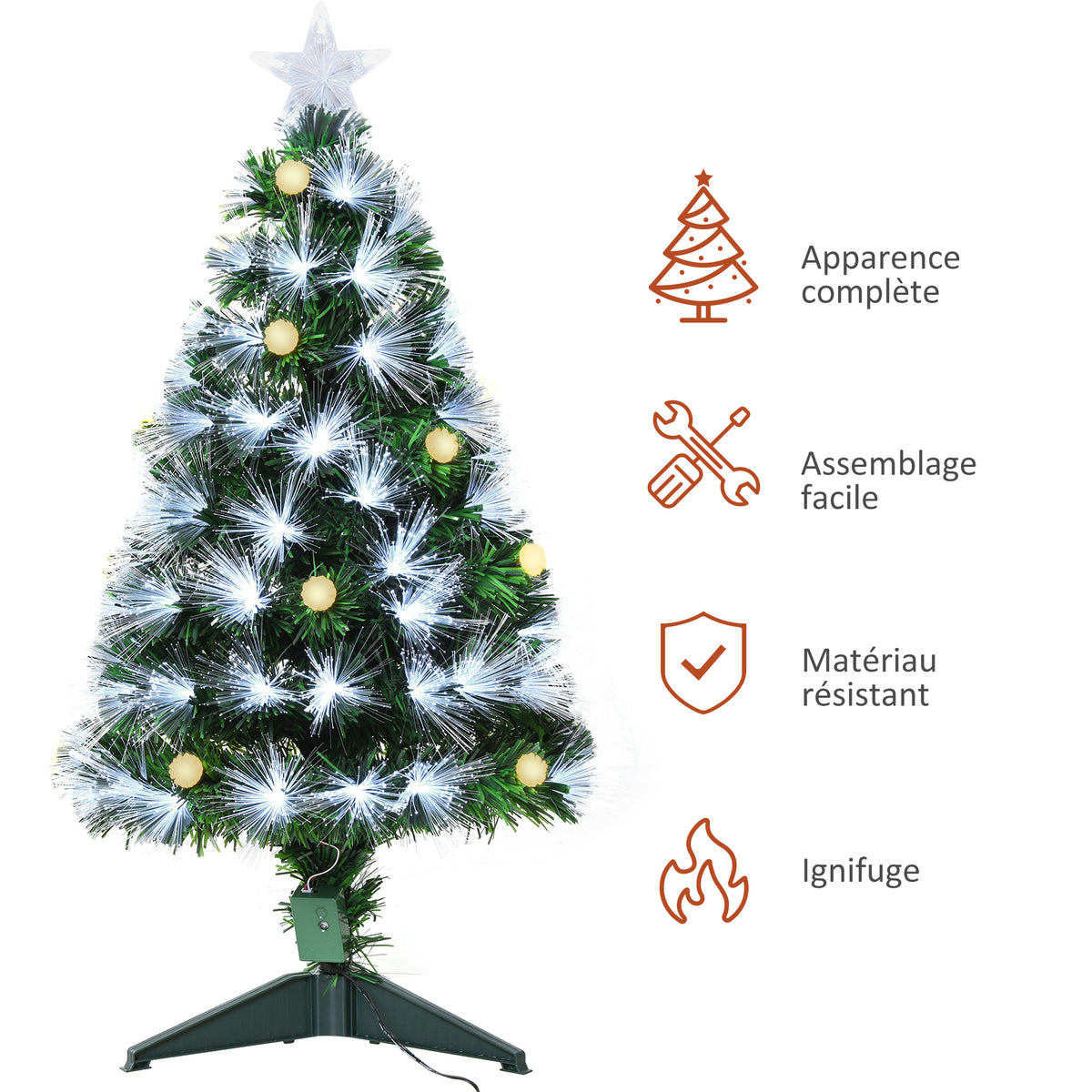 Sapin Noël Artificiel Lumineux 90H cm Fibre Optique LED + 14 Ampoules + Support Pied 90 Sommet Brillante Vert-3