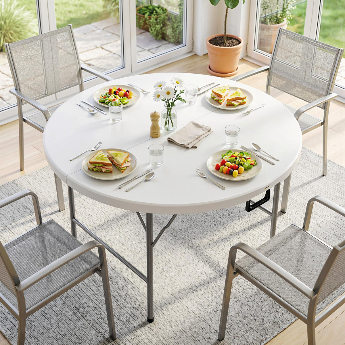 Table ronde de jardin pliante Ø122 cm peut accueillir 6 personnes pour évènement, structure métal, plateau HDPE-7