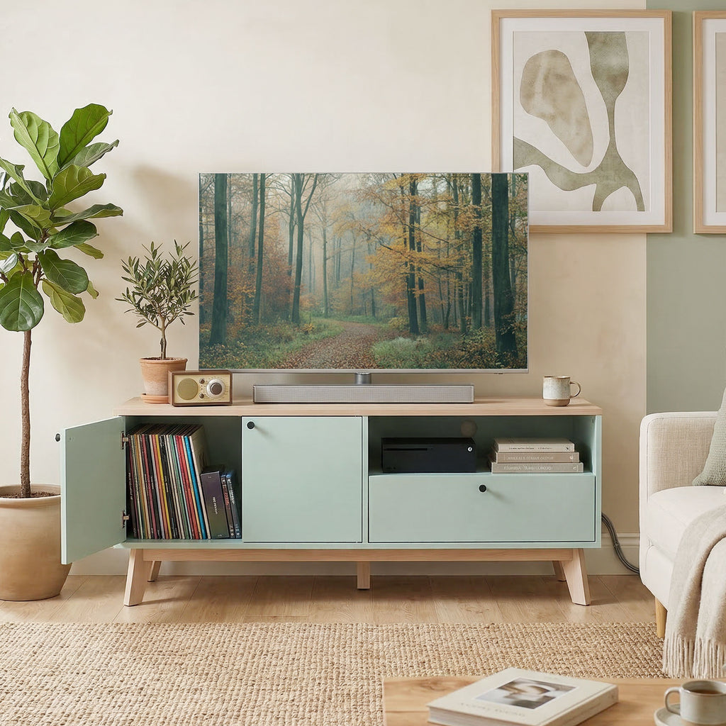 Meuble TV 120 cm, meuble télé pour téléviseur jusqu'à 36 pouces avec 2 portes, tiroir, compartiment ouvert, vert clair-8