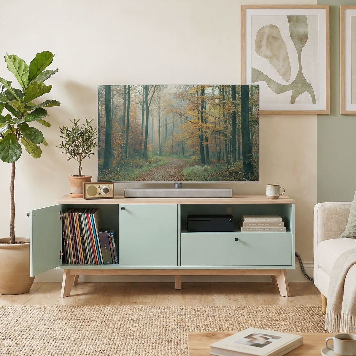 Meuble TV 120 cm, meuble télé pour téléviseur jusqu'à 36 pouces avec 2 portes, tiroir, compartiment ouvert, vert clair-8