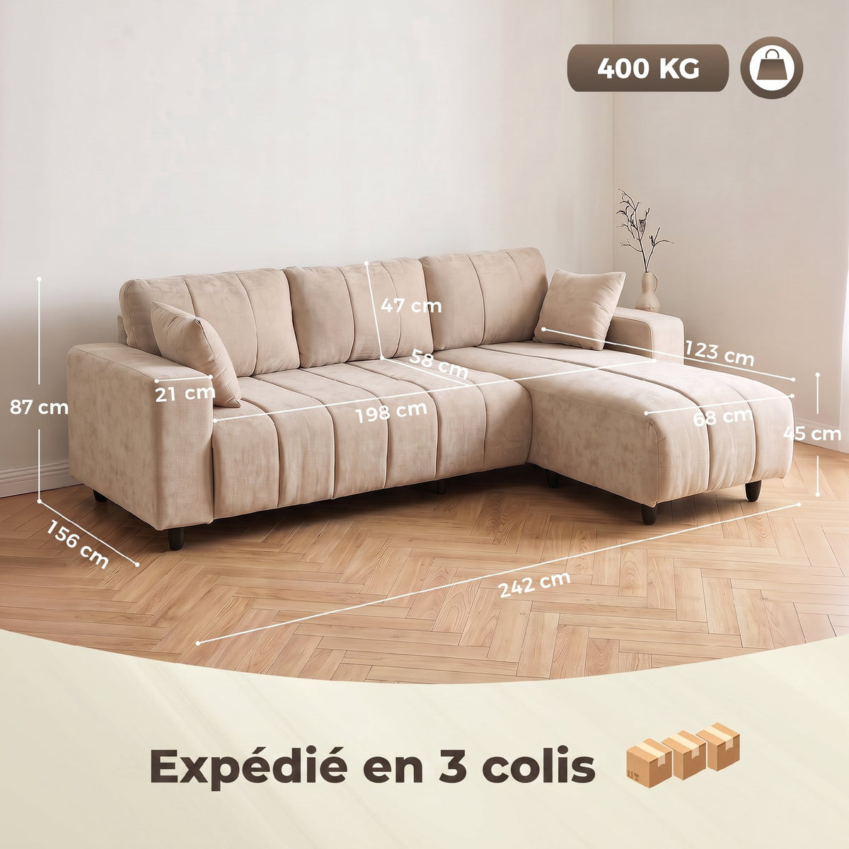 Canapé d'Angle Modulable 242 cm, Canapé 4 Places en L avec Méridienne Réversible, 2 Oreillers, Tissu Aspect Lin, Beige-2