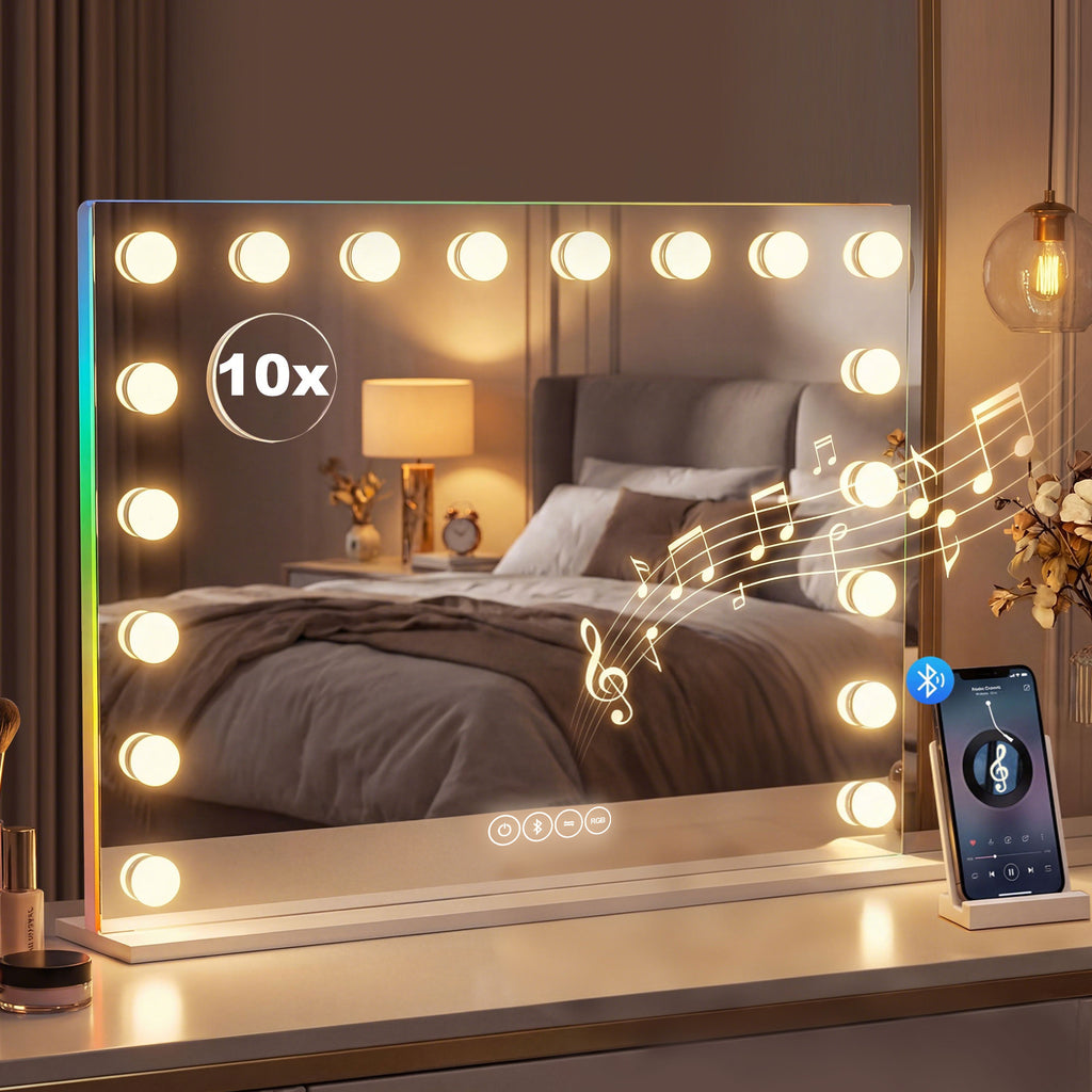 Miroir maquillage Hollywood 18 ampoules LED, 3 couleurs d'éclairage, lumière RGB, haut-parleur Bluetooth, blanc-1