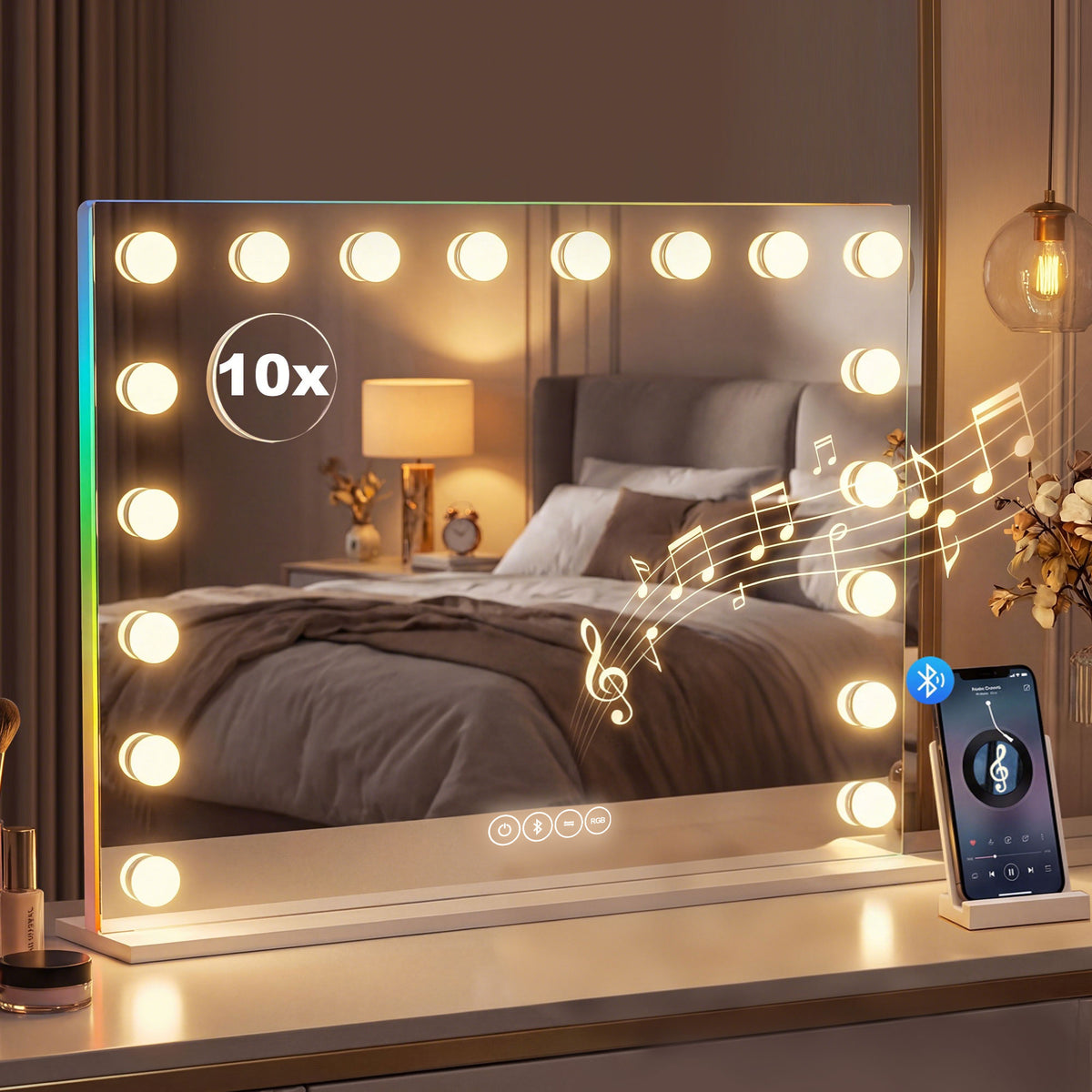 Miroir maquillage Hollywood 18 ampoules LED, 3 couleurs d'éclairage, lumière RGB, haut-parleur Bluetooth, blanc-1