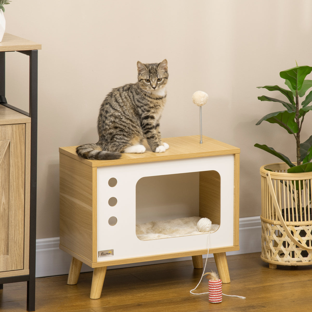 Maison niche pour chat forme de tv avec coussin douillet et balle rebondissante - 50 x 28 x 43 cm-1