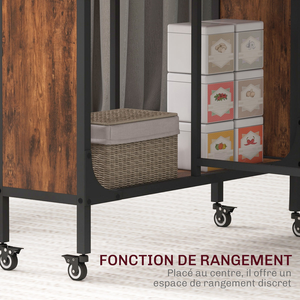 Table pliante de cuisine extensible salle à manger sur roulettes jusqu'à 6 personnes étagère intégrée, 6 roues, Marron-4
