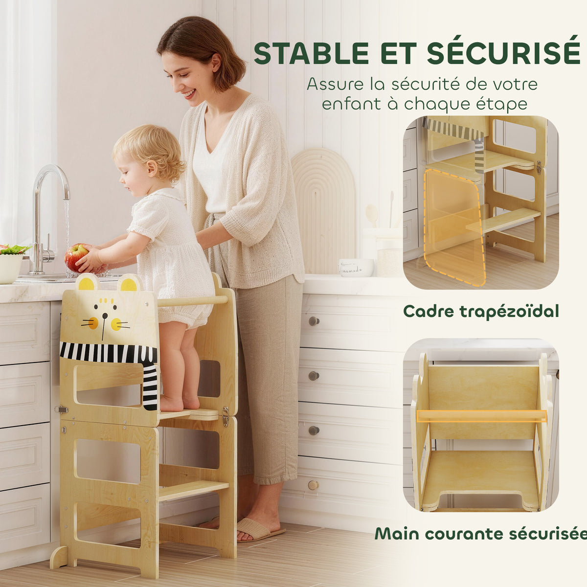 Tour d'Apprentissage Enfant 3 en 1, Tour d'Observation Enfant Pliable avec Tableau Noir, Motif Chat, Naturel-4