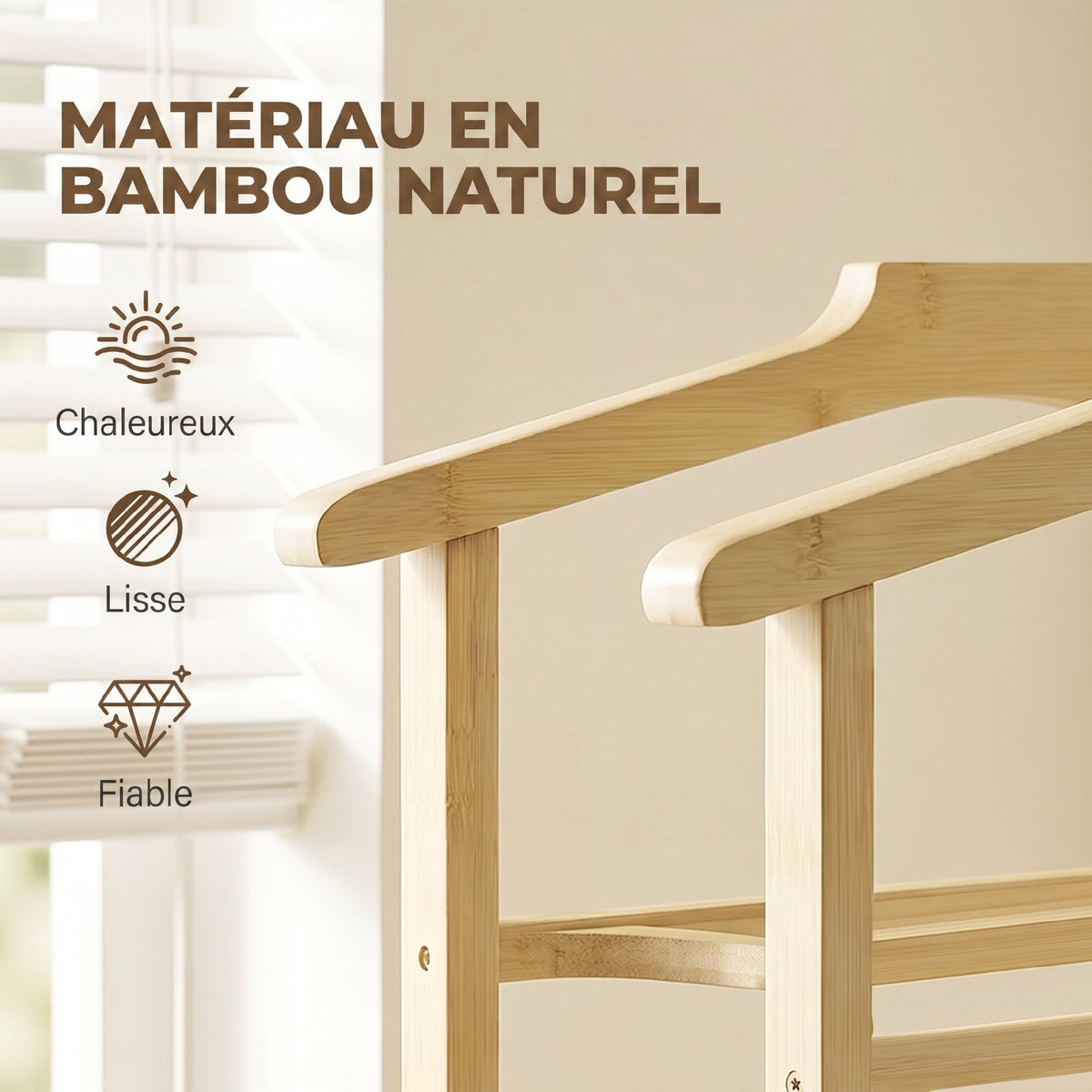 Valet de chambre à roulettes, portant à vêtements en bambou, cintres, barres de suspension, plateau et étagère, chêne-3
