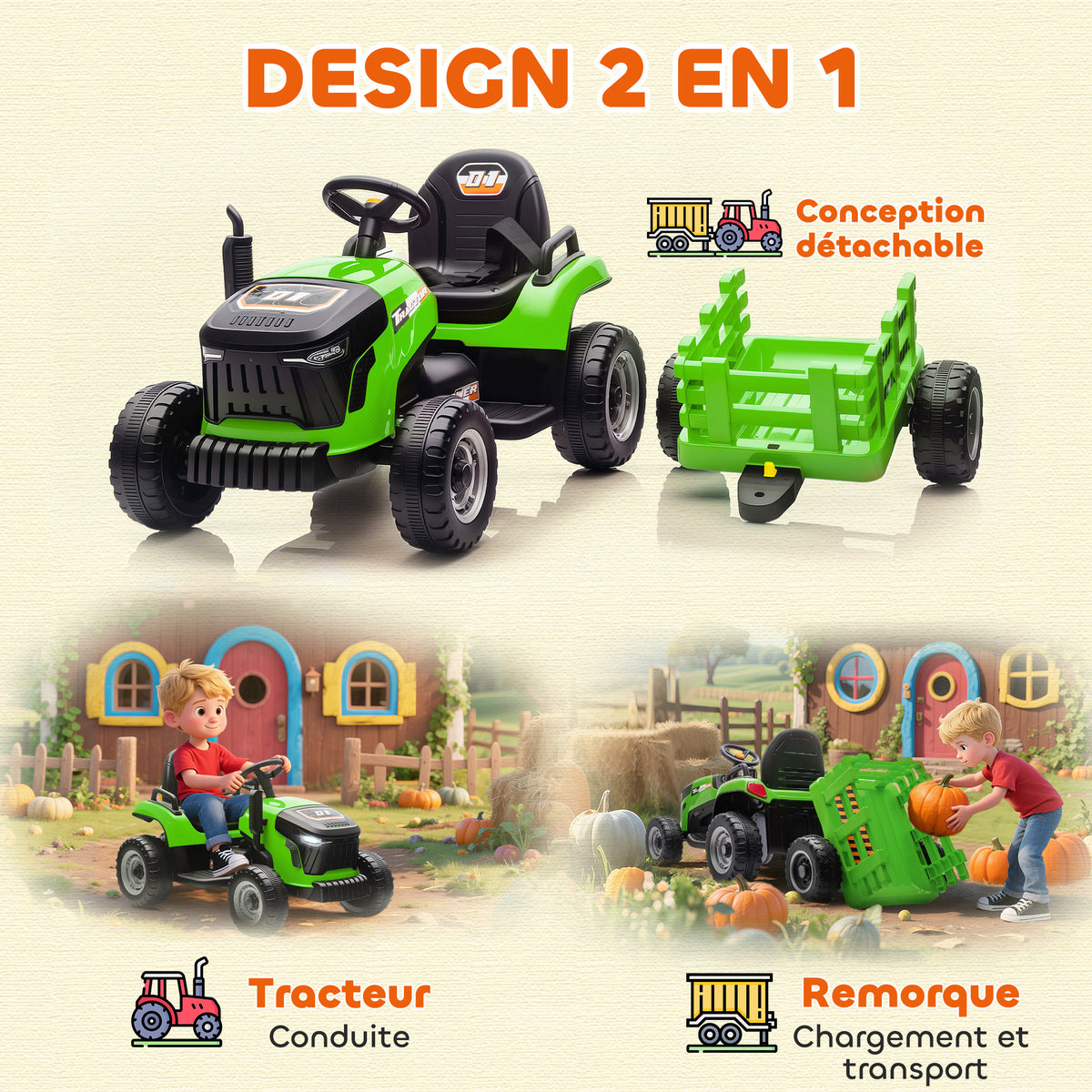 Tracteur électrique enfants avec remorque amovible, voiture électrique enfants, télécommande 2,4G, 139x58x55cm, vert-4