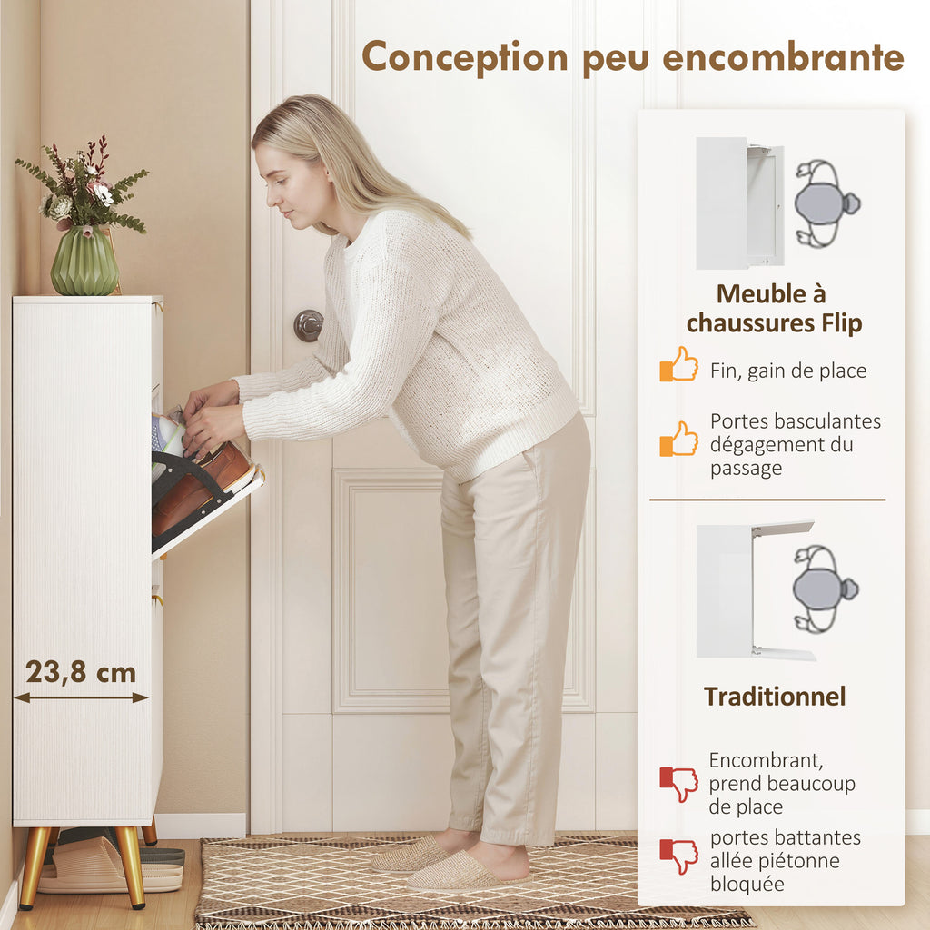 Meuble à chaussures 12 paires, armoire à chaussures, 2 tiroirs rabattables, 4 compartiments, 99,4x23,8x106,6cm, blanc-3