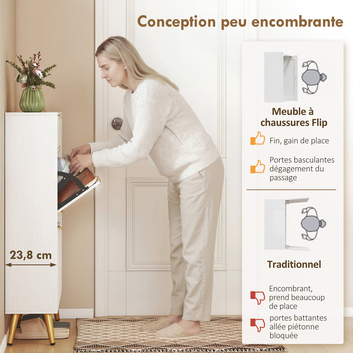 Meuble à chaussures 12 paires, armoire à chaussures, 2 tiroirs rabattables, 4 compartiments, 99,4x23,8x106,6cm, blanc-3