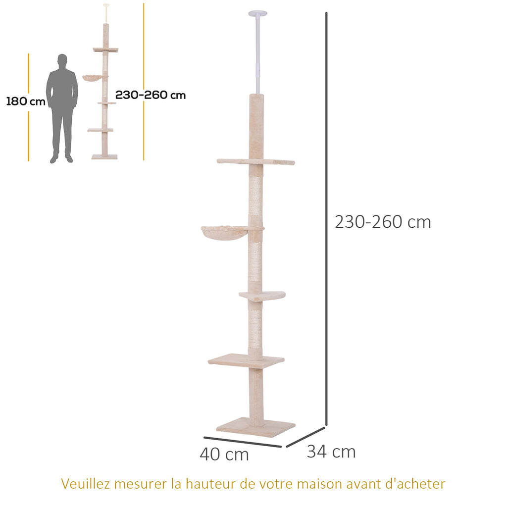 Arbre chat du sol au plafond poteau à griffer L40 x l 34 x H 230-260 cm 5 niveaux d'activités beige-2