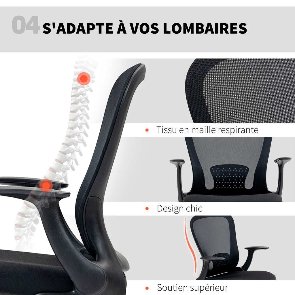 Chaise bureau ergonomique avec repose-pieds ajustable et accoudoirs relevables, hauteur réglable, 59x62x99-119cm, noir-6