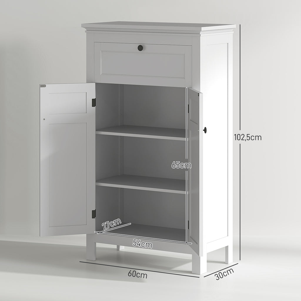 Meuble de salle de bain avec tiroir et étagères réglables, armoire de rangement sur pied, hauteur 102,5 cm, blanc-2