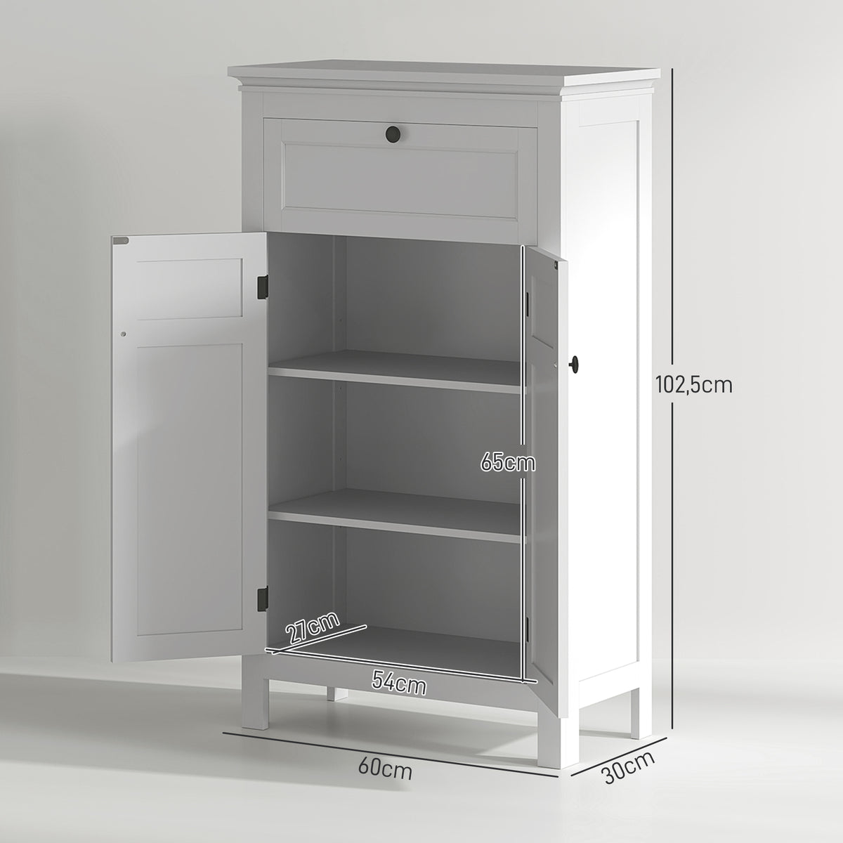 Meuble de salle de bain avec tiroir et étagères réglables, armoire de rangement sur pied, hauteur 102,5 cm, blanc-2