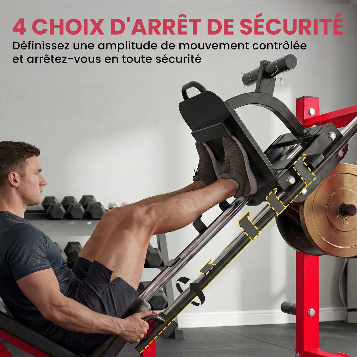 Presse à Cuisses Professionnelle Machine Musculation Jambes et Hack Squat 455kg Appareil Réglable 185x120x140cm Rouge-4
