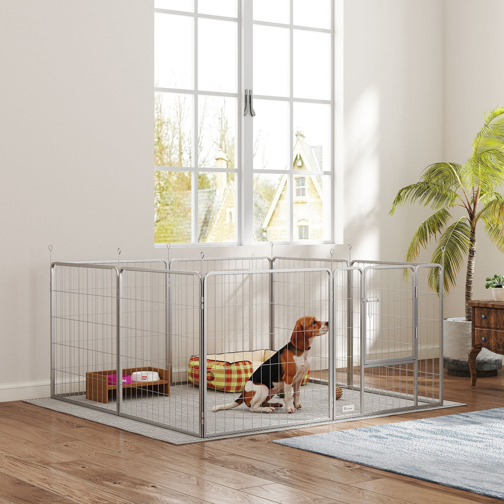 Parc pour chien enclos chien 8 panneaux modulable pliable acier avec porte pour chiot intérieur extérieur 80H cm argent-7