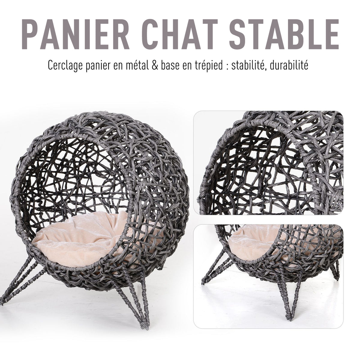 Panier chat lit surélevé chat cosy niche grotte Ø 52 x 58H cm coussin moelleux inclus résine tressée imitation-3