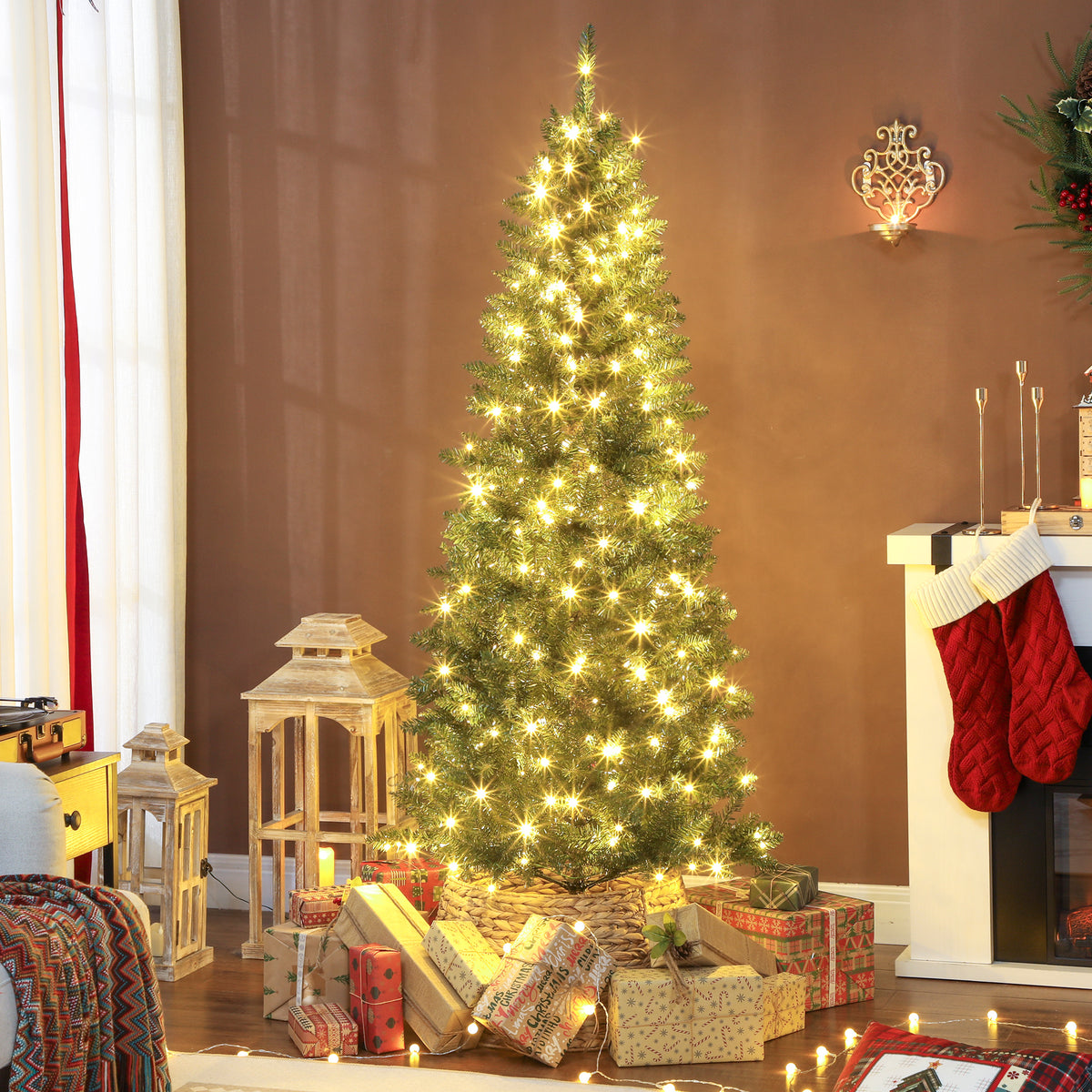Sapin de Noël artificiel 180 cm, arbre de Noël fin avec 250 lumières, 899 pointes, support en métal pliable, vert-1