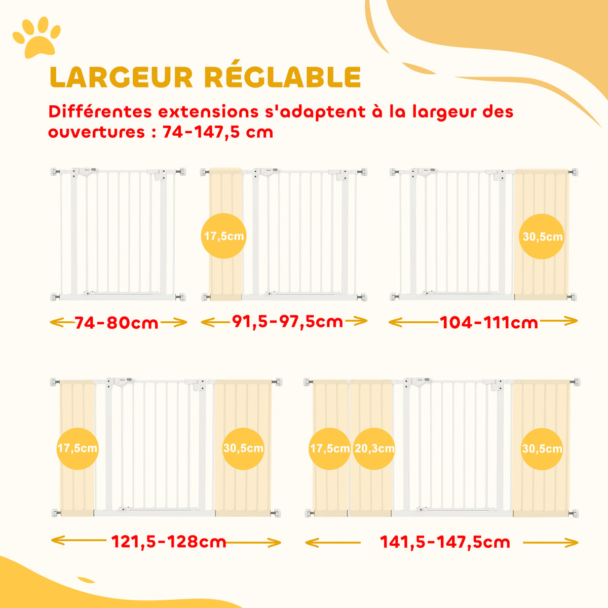 Barrière de sécurité animaux porte fermeture automatique système de double verrouillage sans perçage 3 extensions blanc-3