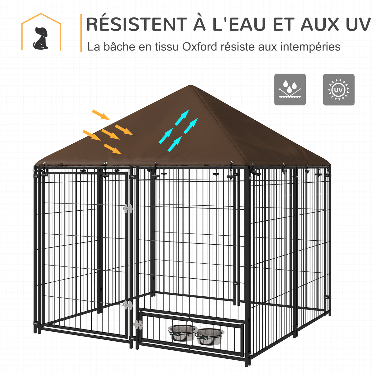 Chenil extérieur pour Chiens en métal et Tissu Oxford Support gamelle et Toit résistant aux intempéries Espace spacieux-4