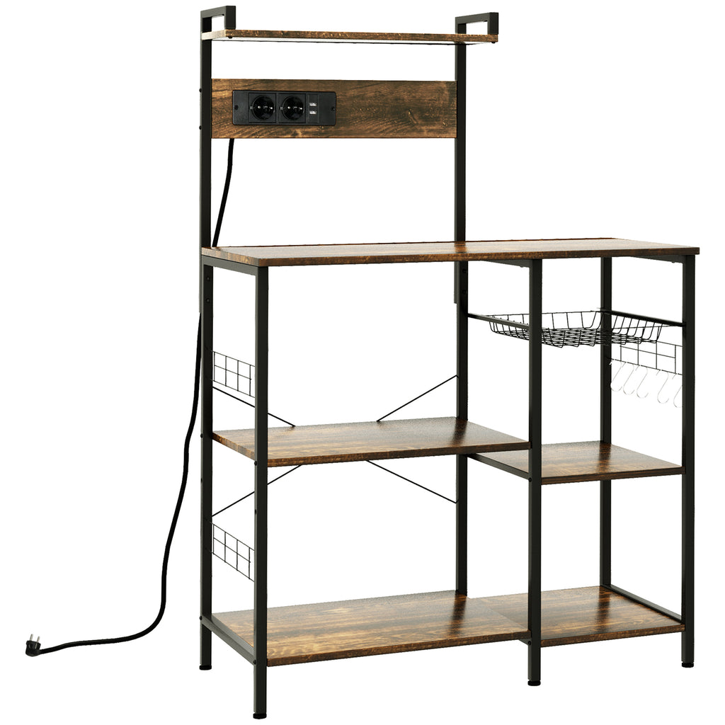 Meuble de cuisine avec prises intégrées pour micro-ondes avec étagères, style industriel, 90x42x130cm, marron-0