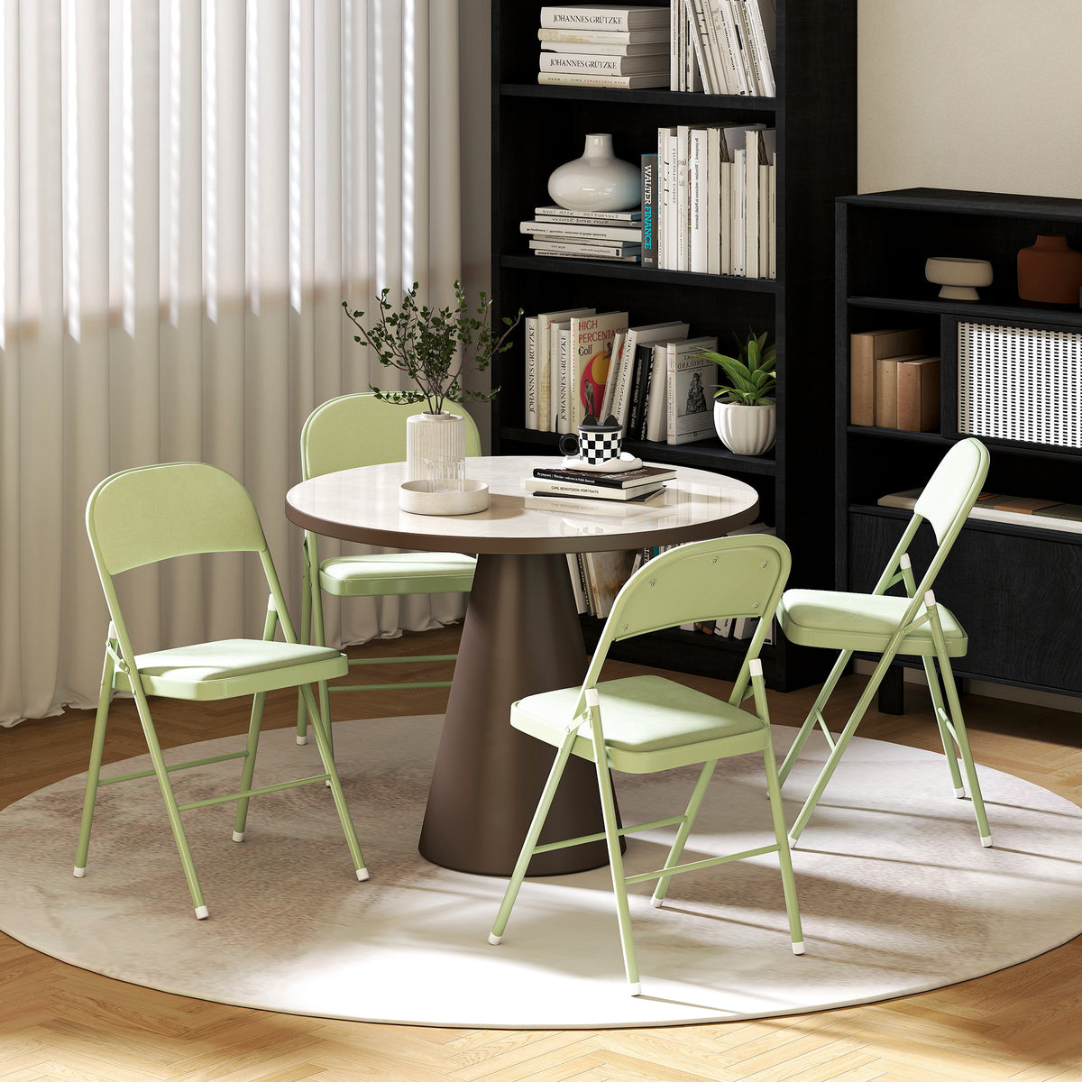 Lot de 4 chaises pliantes et portables intérieur avec assises et dossiers rembourrés en velours, cadre en acier, vert-7