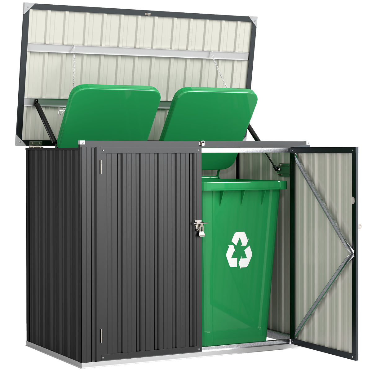 Cache Poubelle Extérieur 1,2 m², 150x80x117cm, Abri de Jardin Acier Galvanisé pour 2 Poubelles, Double Porte à Serrures-0