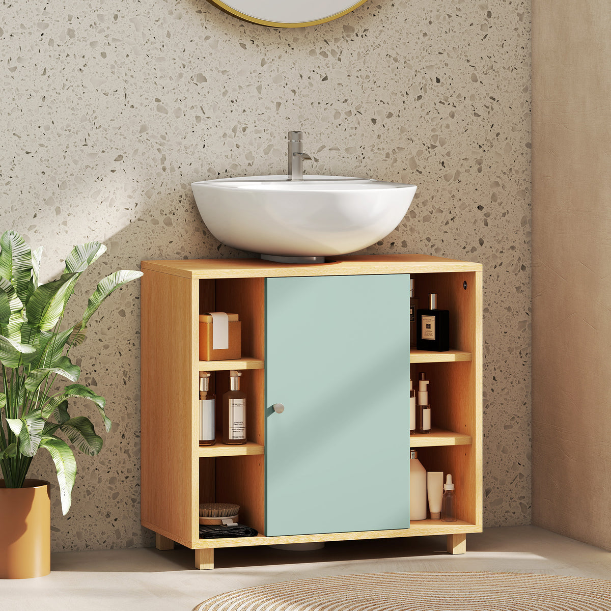 Meuble sous lavabo, meuble de salle de bain avec 6 étagères ouvertes et porte à fermeture amortie 60 x 33 x 57 cm, vert-1