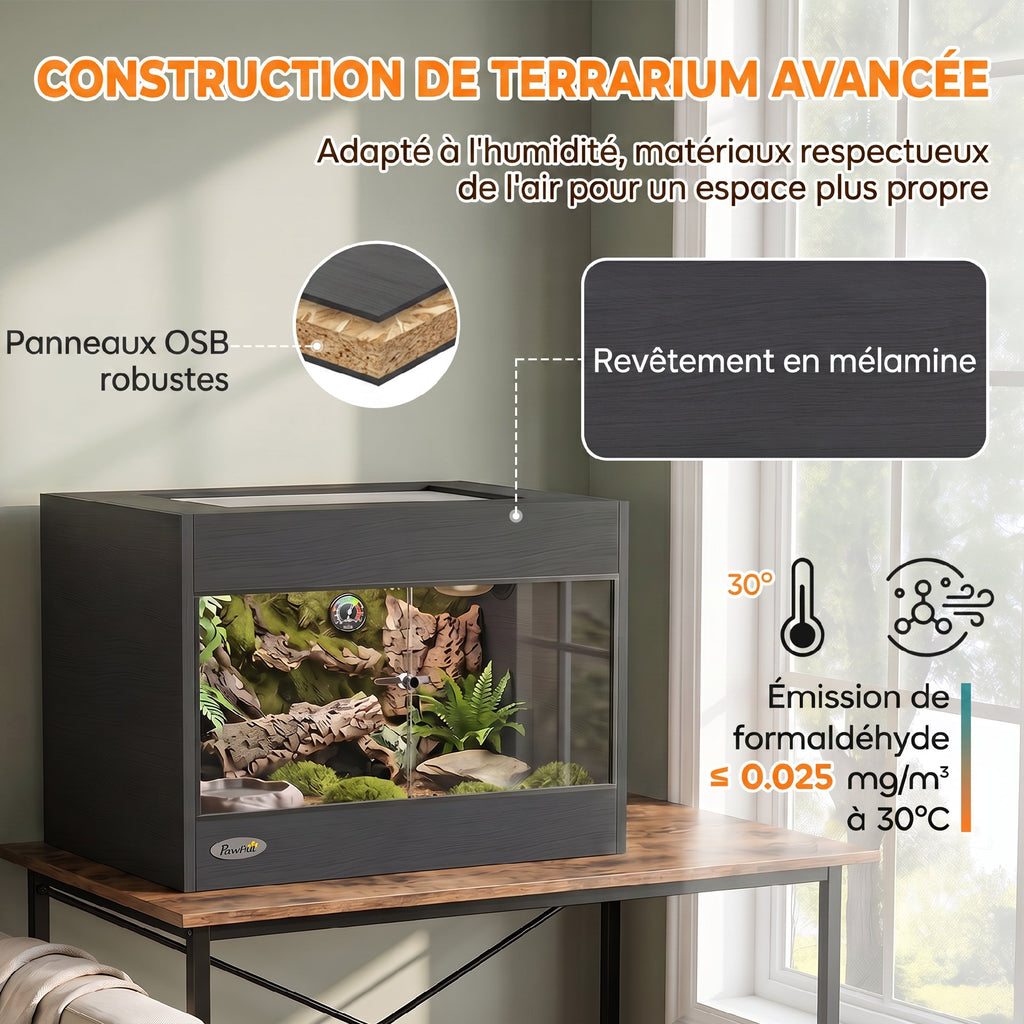 Terrarium pour Reptiles en Bois OSB, Porte en Verre Trempé, Serrure Sécurisée et Couvercle en Filet, 60x45x45cm, Noir-3
