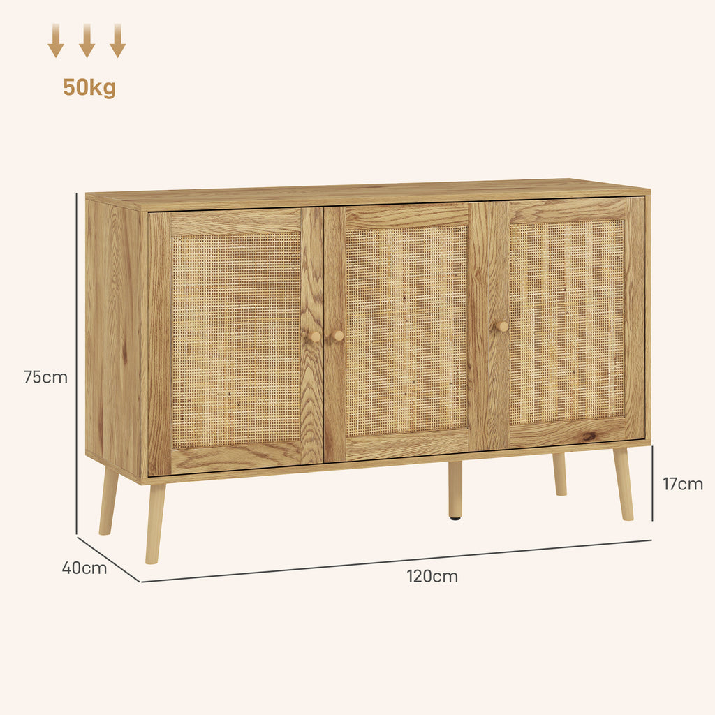 Buffet salon meuble de rangement avec placards à portes en rotin et étagère réglable, bois naturel-2