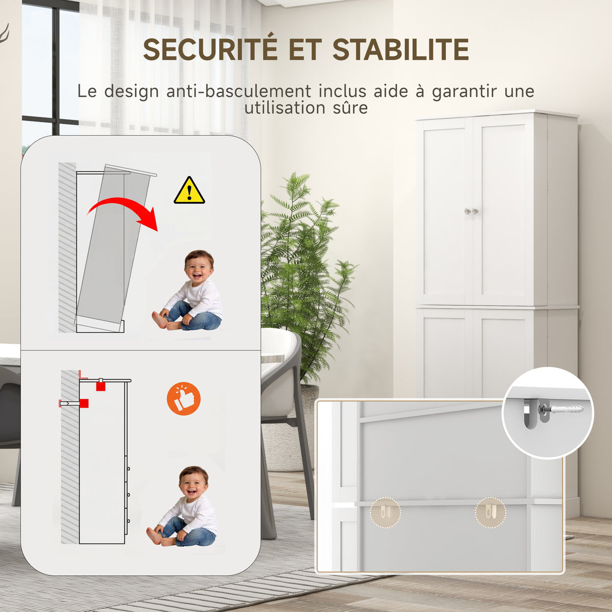 Armoire de cuisine buffet cuisine avec placards, étagère réglable et porte-épices, 60 x 35 x 166 cm, blanc-5
