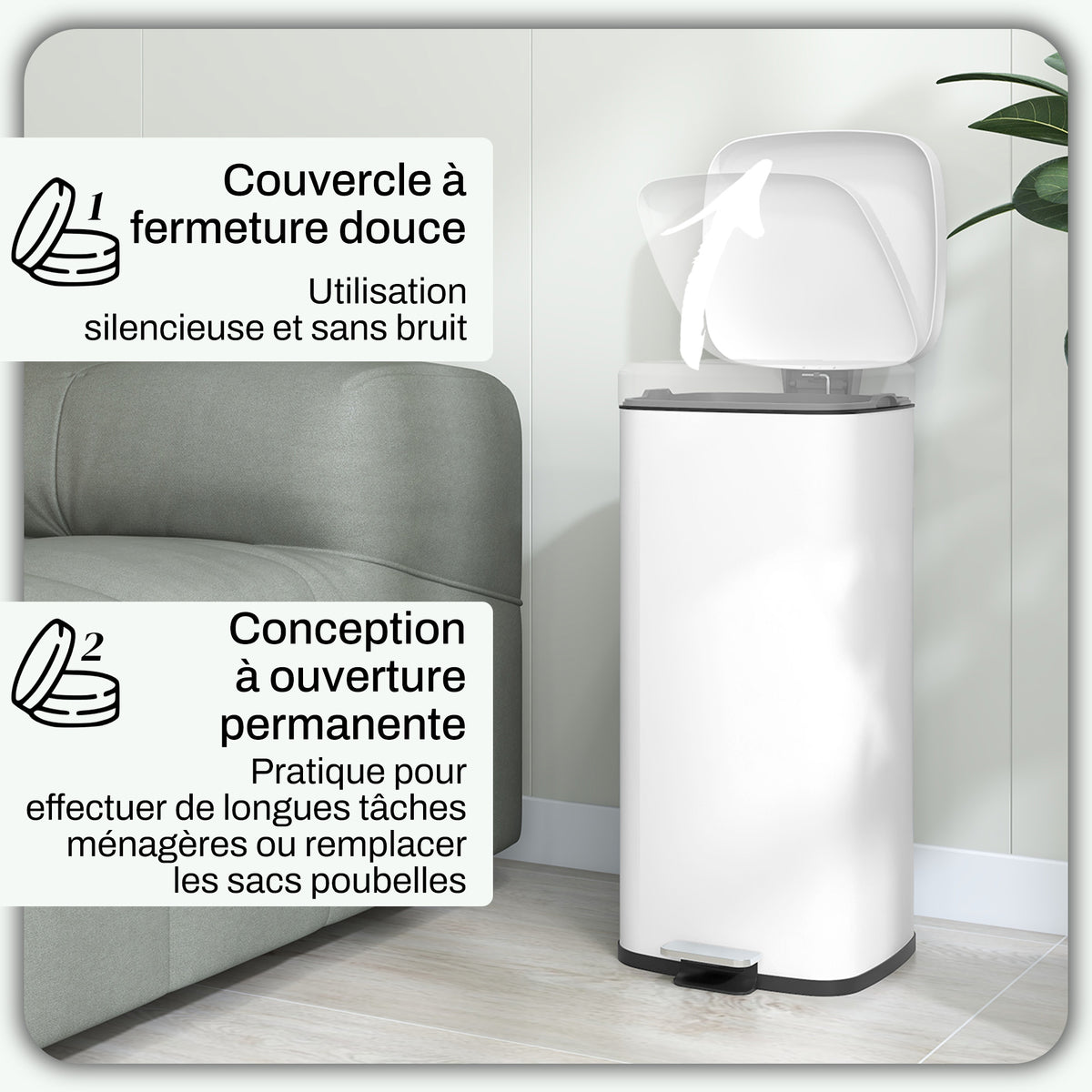 Poubelle de cuisine 30L avec couvercle à fermeture douce et pédale, seau intérieur amovible, 28L x 35l x 63,5H cm, blanc-4