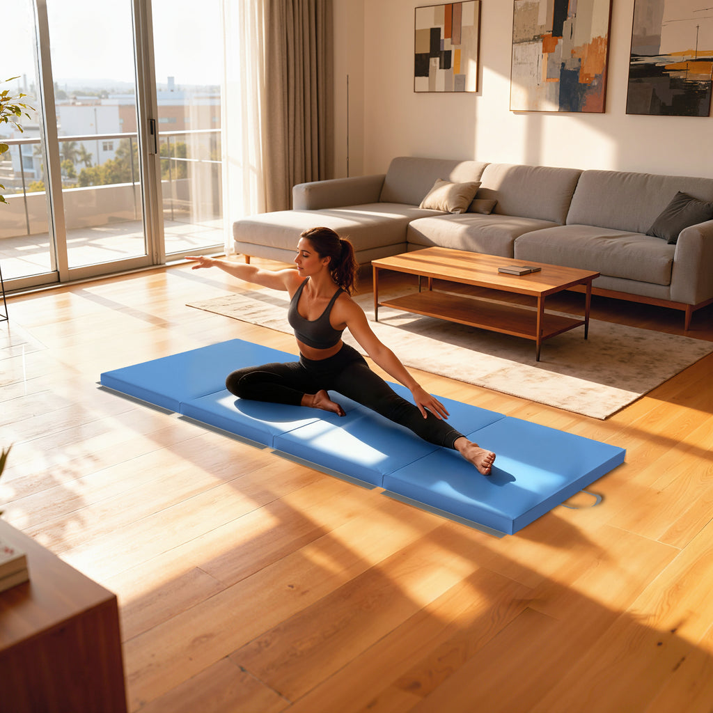 Tapis de gymnastique yoga pilates fitness pliable en 4 avec poignées revêtement synthétique 180 x 80 x 5 cm bleu clair-7