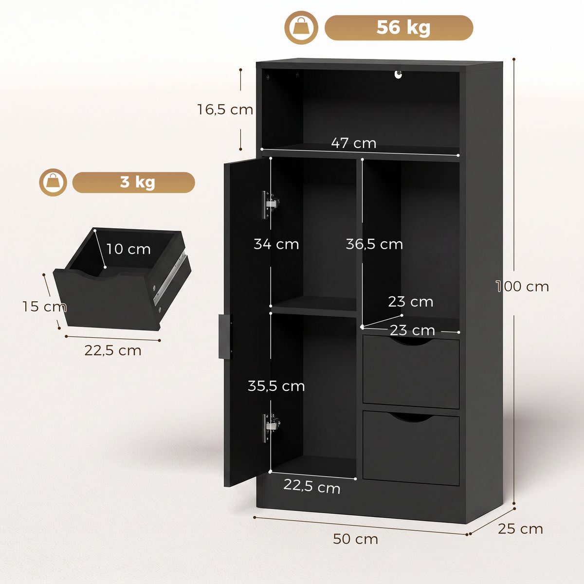 Meuble de salle de bain, meuble de rangement étroit avec 2 tiroirs, compartiments ouverts, 50x25x100cm, noir-2
