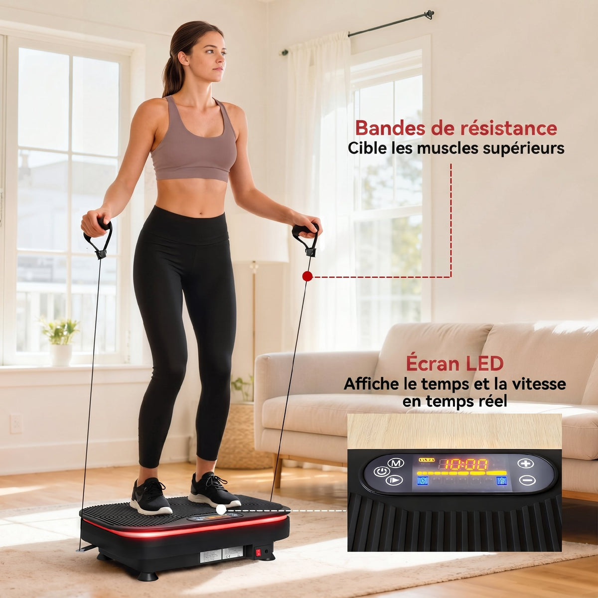 Plateforme Vibrante avec Lumières, Bluetooth, 3 Programmes, 99 Vitesses, Télécommande, Écran LED, 47x32x12cm, Noir-6