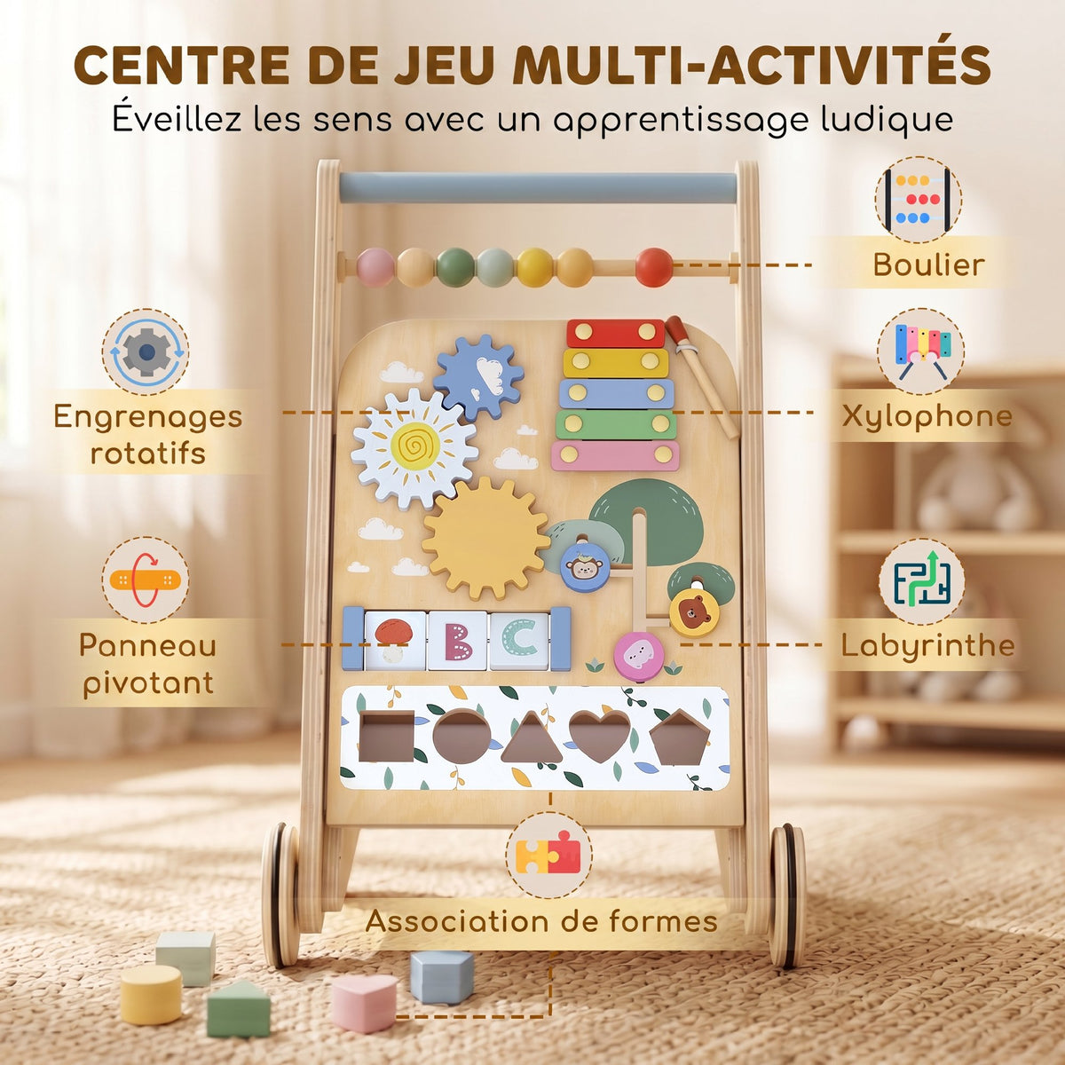Trotteur Bebe en Bois, Chariot de Marche Bébé avec Centre d'Activités, Vitesse Réglable et 5 Blocs, dès 18 Mois, Naturel-4