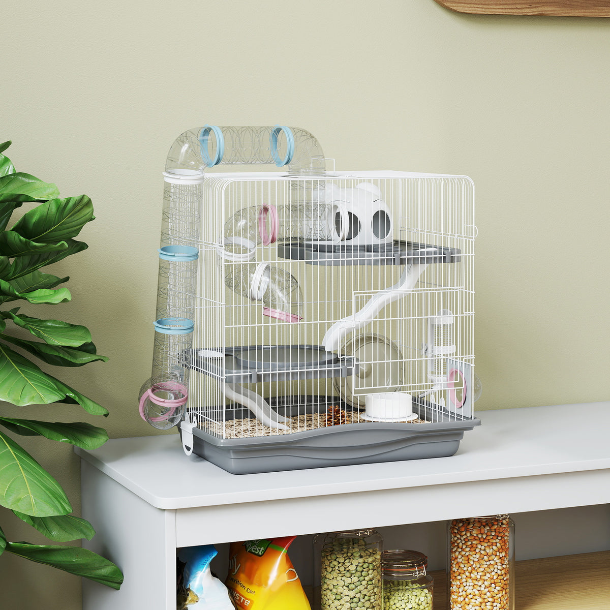 Cage hamster, cage rongeur à 3 niveaux, roue d'exercice, tunnel, gamelle, niche et rampe d'accès, 45 x 30 x 45 cm, gris-1