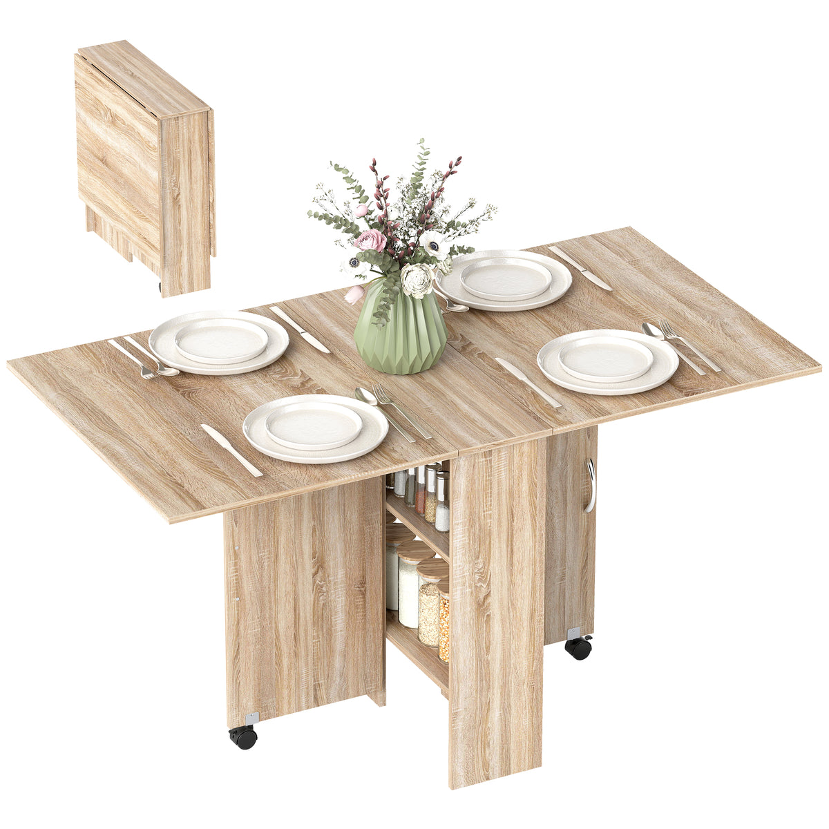 Table à manger pliante mobile sur roulettes 2 plateaux rabattables et 2 étagères intégrées 140 x 80 x 74 cm naturel-0