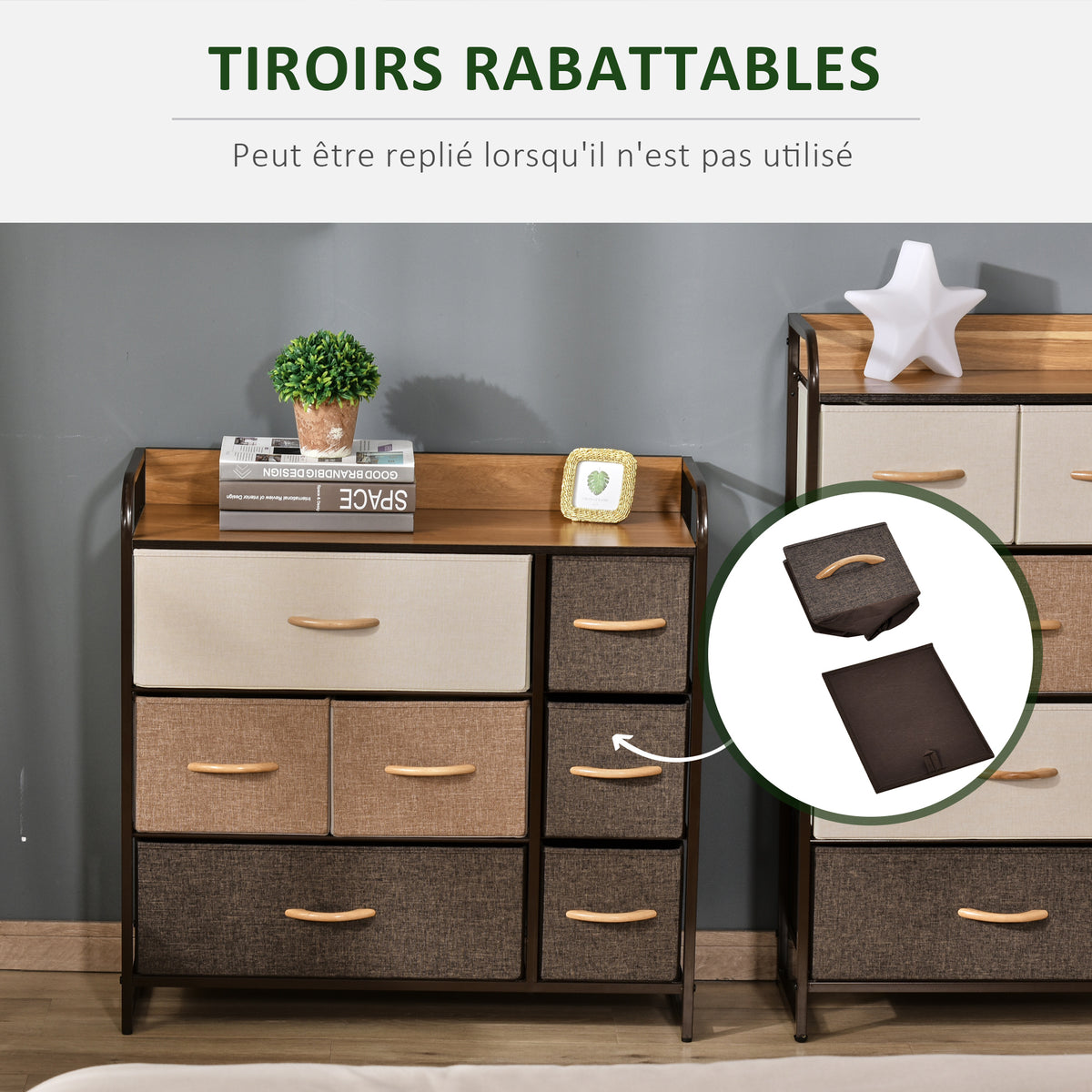 Commode 7 tiroirs meuble de rangement tiroir en tissu pliant - structure acier noir - 80L x 29l x 78,5H cm, multicolore-4