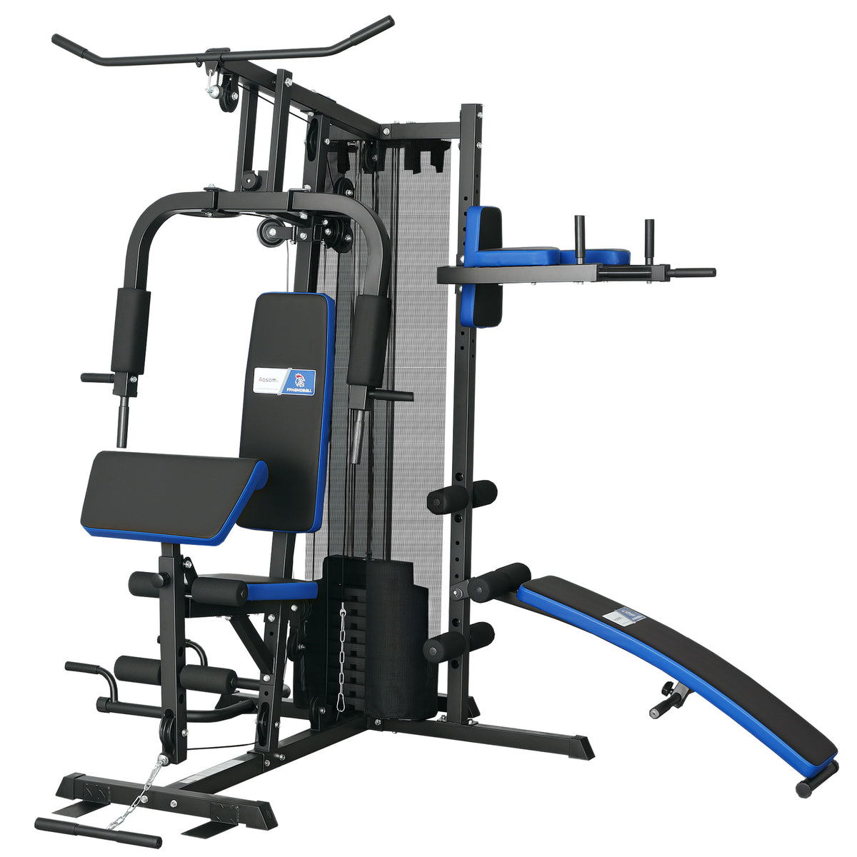 Station de Musculation avec Pile de Poids de 65 kg, Équipement de Gym à Domicile avec Banc pour Abdominaux, Noir et Bleu-0