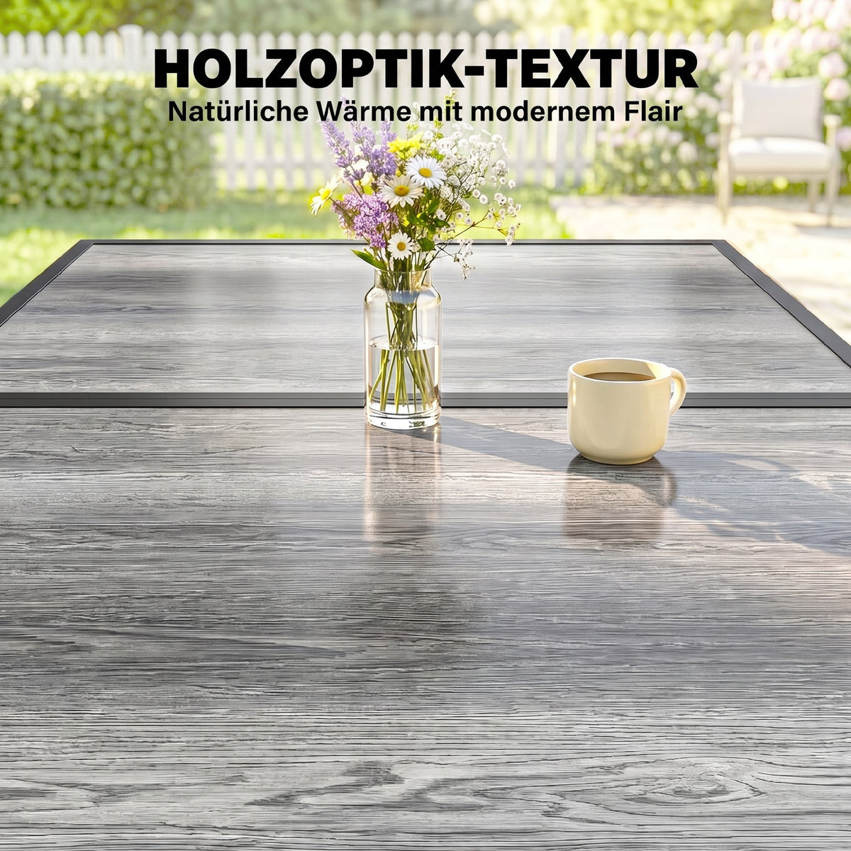 Table de jardin pour 4 à 6 personnes, table à manger extérieure avec plateau à effet bois, 150 x 80 x 74 cm, gris-4