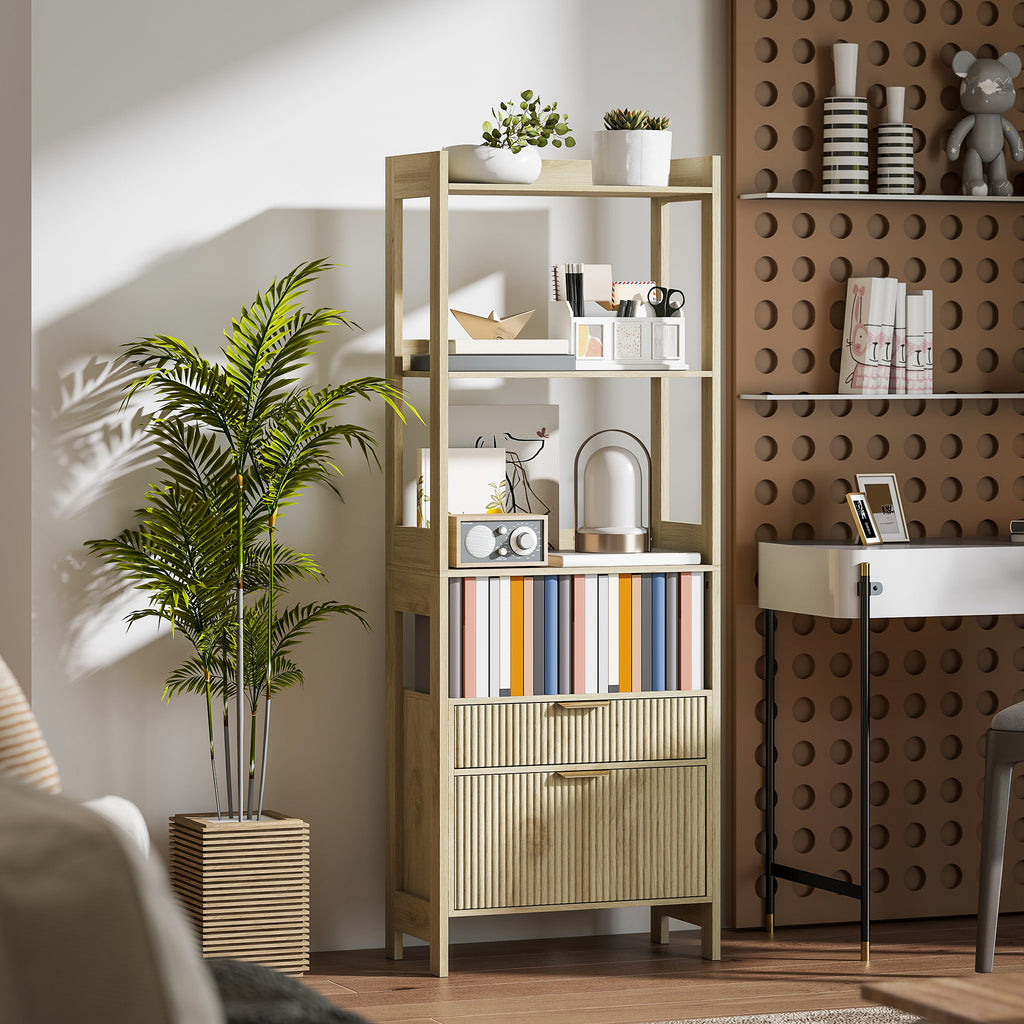 Bibliothèque haute, meuble de rangement avec 4 étagères ouvertes et 2 tiroirs cannelés, 60 x 30 x 160 cm, bois naturel-9