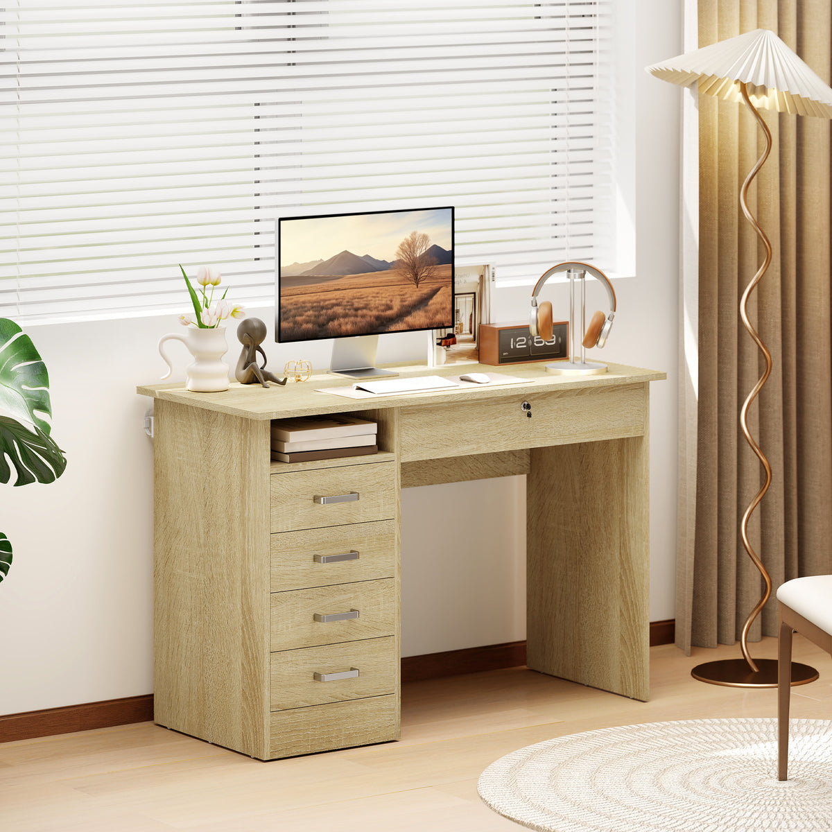 Bureau moderne avec 5 tiroirs, grand plateau, 1 compartiment ouvert, tiroir verrouillable, 110 x 50 x 76cm, chêne-1