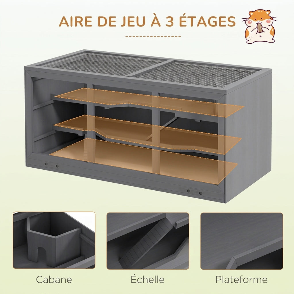 Cage à hamster cage gerbilles 2 niveaux toit ouvrable fenêtres cabane 2 échelle, 115 x 57 x 55 cm, gris-3