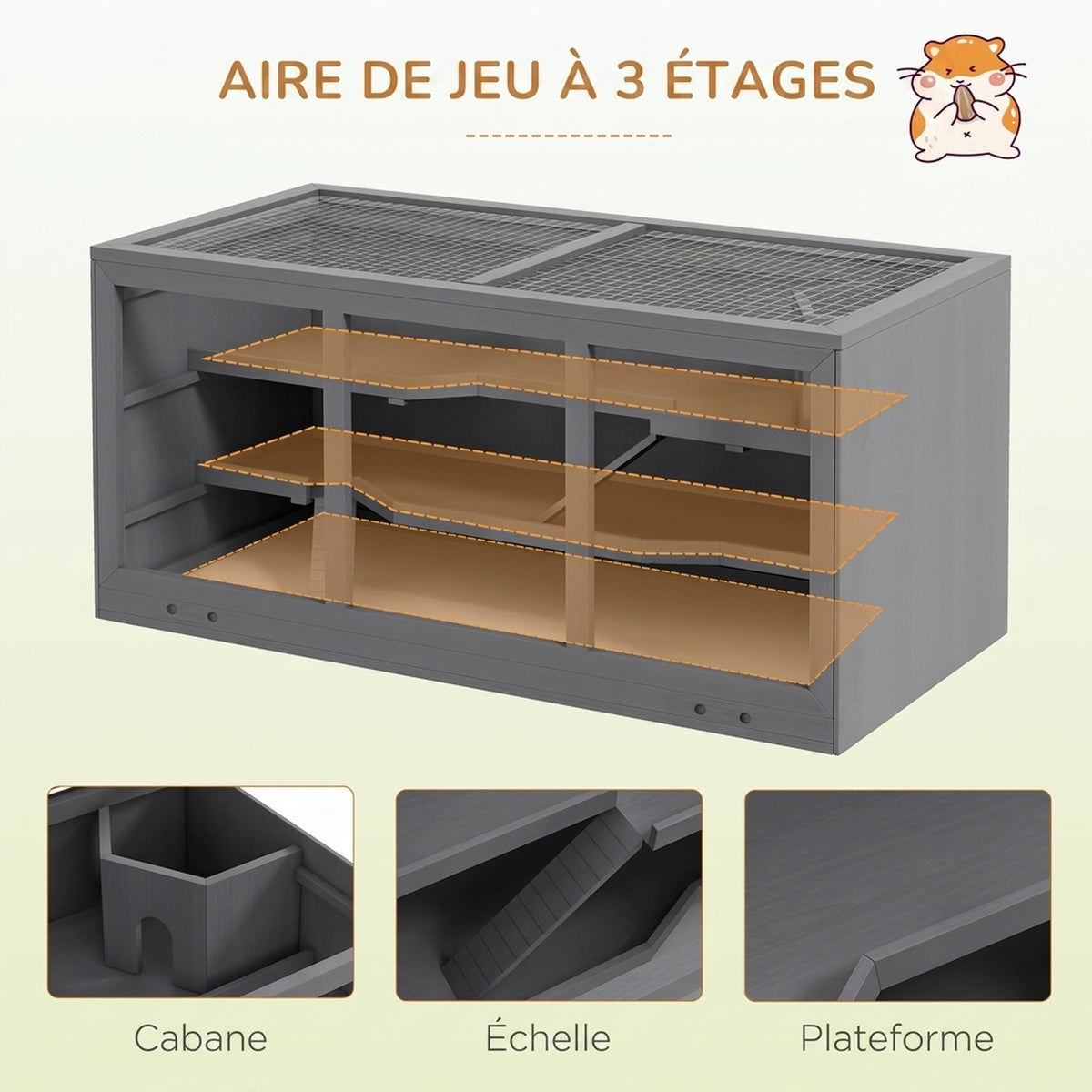 Cage à hamster cage gerbilles 2 niveaux toit ouvrable fenêtres cabane 2 échelle, 115 x 57 x 55 cm, gris-3