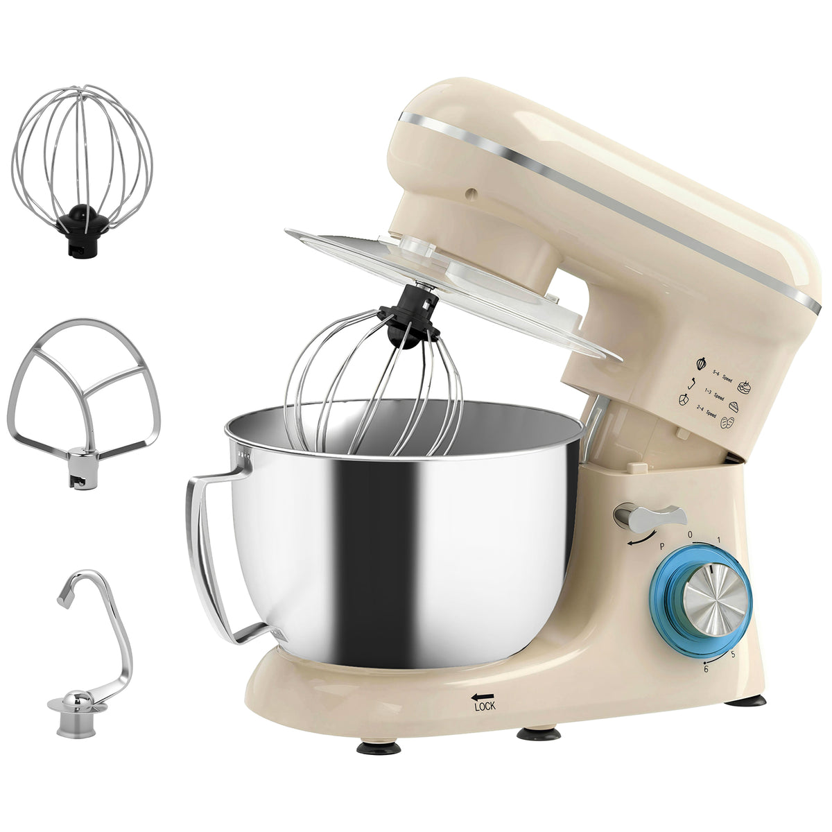 Robot pâtissier 1300 W, robot pétrin professionnel 4,5 L, bol d'acier inoxydable, 6+P vitesses et pulse, beige-0