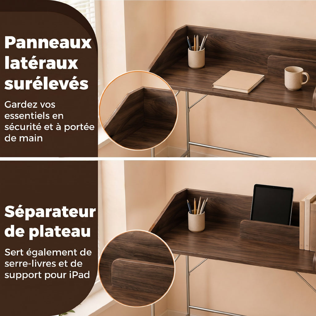 Bureau, bureau d'ordinateur 109 cm avec rebord de sécurité et structure en métal, noyer-4