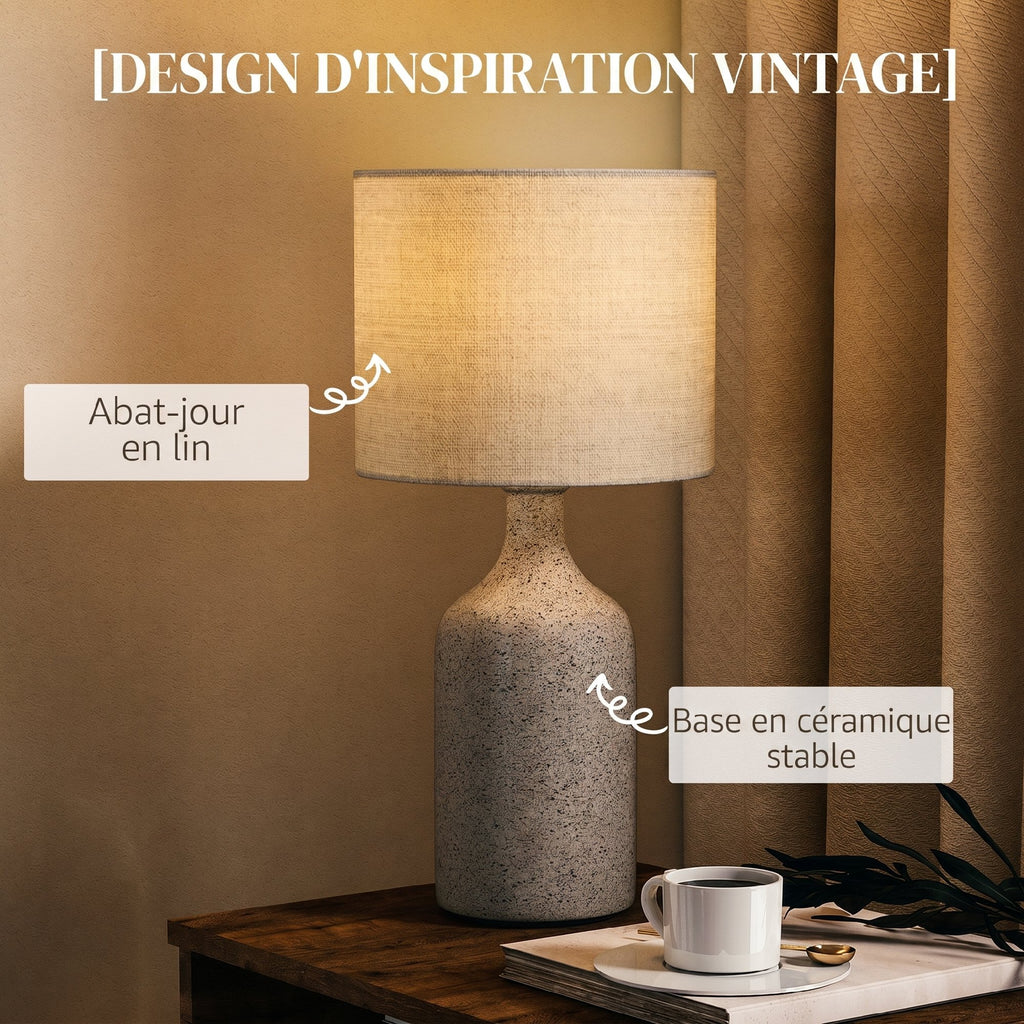 Lampe de Table avec Base en Céramique et Abat-Jour en Lin, Lampe de Chevet Rétro avec Culot E27, Blanc et Sable-3