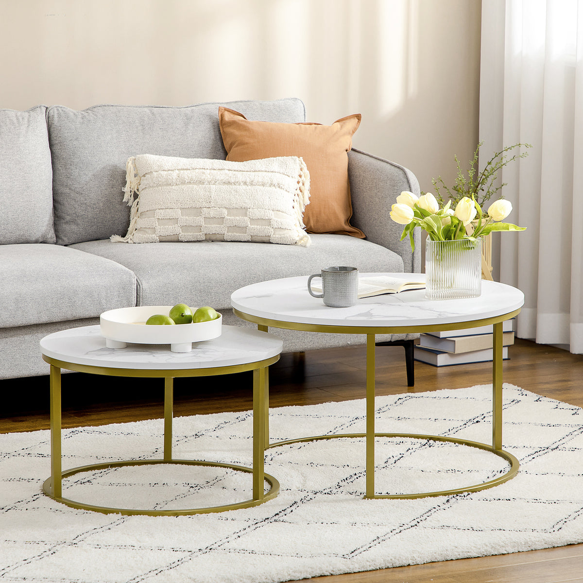Lot de 2 tables basses gigognes tables rondes plateau aspect marbre et pied en acier Ø 74 x 46,3 cm blanc doré-1