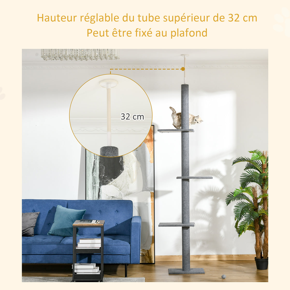 Arbre à chat du sol au plafond poteau à griffer hauteur réglable dim. 43L x 27I x 228-260H cm 4 niveaux d'activités gris-3
